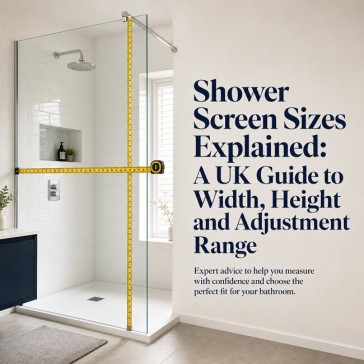 UK shower screen sizes guide - measuring width and height in a traditional British bathroom with tape measure and level