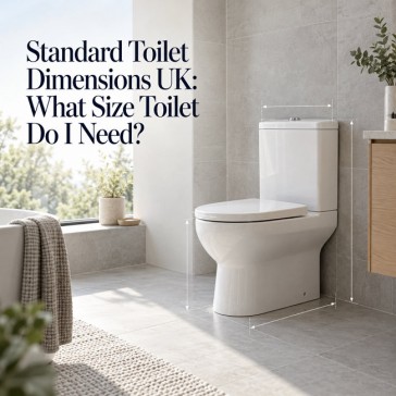 Standard toilet dimensions UK guide cover showing a modern close-coupled toilet with width, projection and height measurement lines