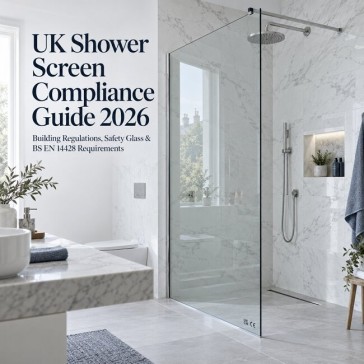 UK Shower Screen Compliance Guide 2026 cover image showing a frameless toughened safety glass shower screen with UKCA marking in a modern UK bathroom.