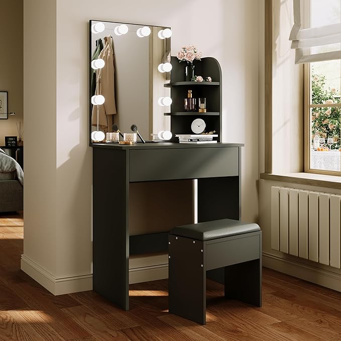 ELEGANT Black Dressing Table with Hollywood LED Lights Mirror,Stool included