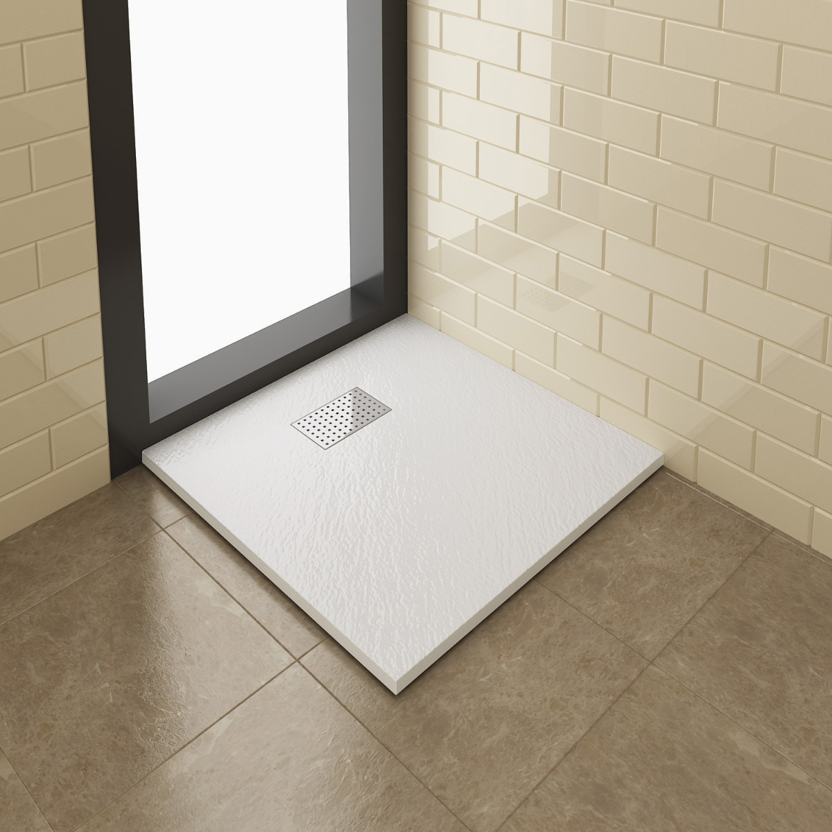 ELEGANT 800x800mm Slate Effect Chrome Grate Square Shower Tray + Waste-image-SGT88+CP01+GW90