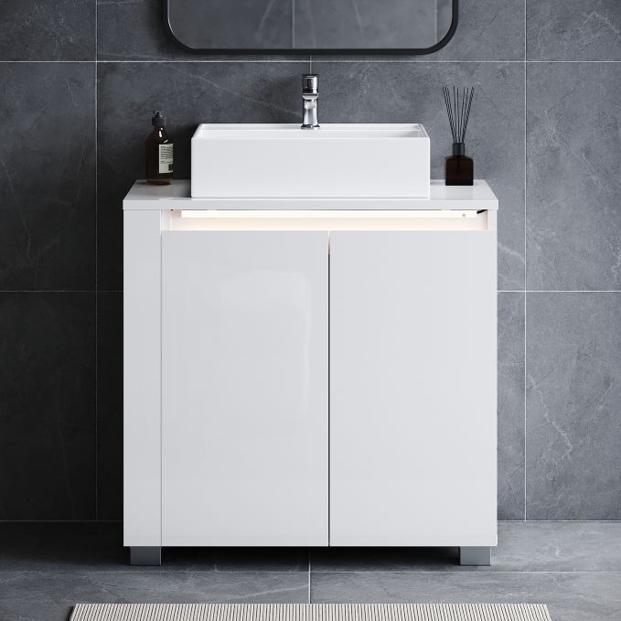 ELEGANT White Gloss Freestanding Countertop Vanity Unit without Basin - 600mm- 2 Doors