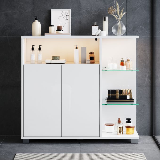 ELEGANT 900 x 820mm Bathroom Storage Cabinet Unit with 2-Door Cupboard & Side Glass Shelves