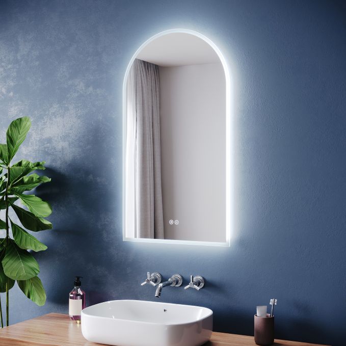 ELEGANT Arched 800 x 400mm LED Bathroom Mirror with Demister Pad & Shaver Socket-image-YBMB0902-UKEA