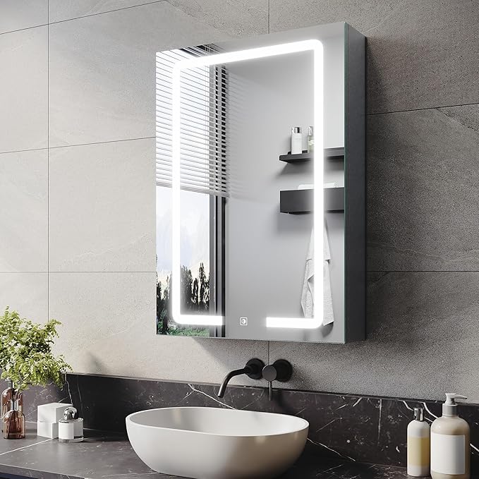 ELEGANT LED Illuminated Mirror Cabinet with Touch Sensor, Dimmer & Socket