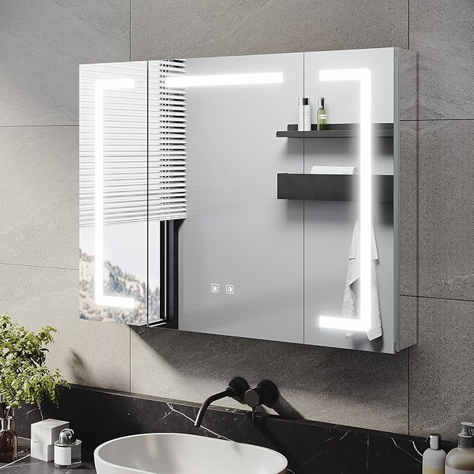 ELEGANT 800 x 600mm LED Aluminium Mirror Cabinet with Demister Pad and Shaver Socket