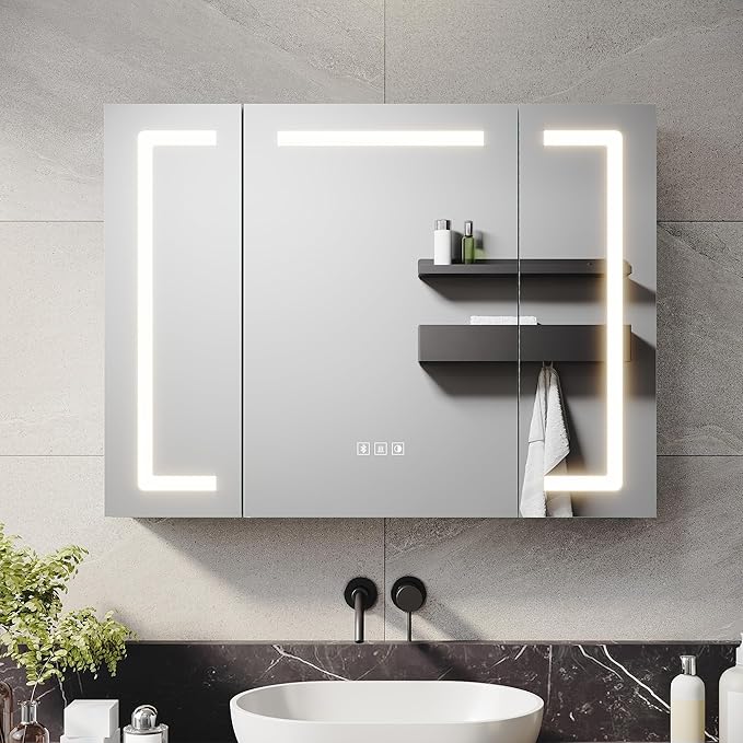 ELEGANT 800 x 600mm LED Aluminium 3-Door Bluetooth Mirror Cabinet with Anti-Fog & Shaving Socket