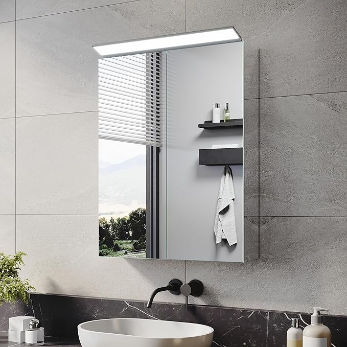 ELEGANT 520 x 650mm Bathroom Mirror Cabinet with LED Makeup Light, Stainless Steel