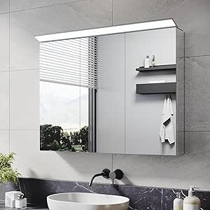 ELEGANT 800 x 600mm Bathroom Mirror Cabinet with LED Makeup Light, Stainless Steel