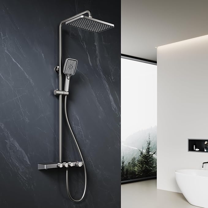 ELEGANT Square Thermostatic Mixer Shower Set with Bath Filler Spout & Hand Shower - Grey