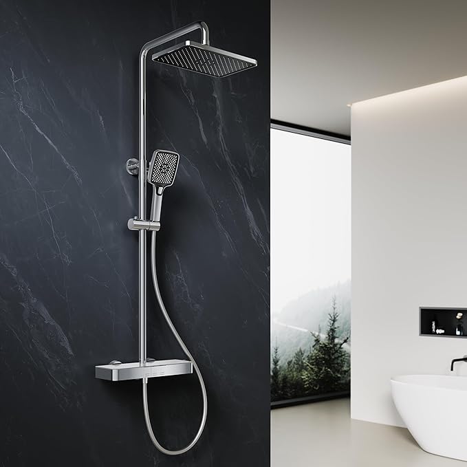 ELEGANT Thermostatic Mixer Shower Set with Square Shower Head & Hand Shower - Chrome