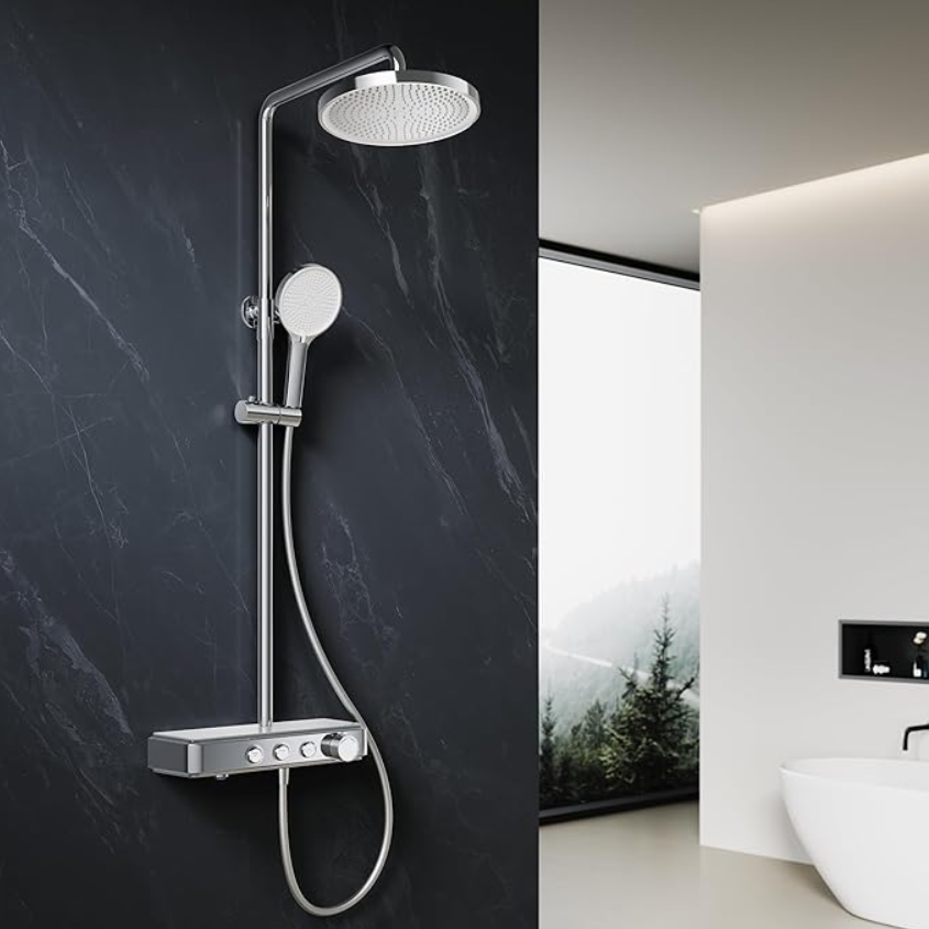 ELEGANT Thermostatic Mixer Shower Set with Round Shower Head, Bath Filler Spout & Hand Shower - Chrome