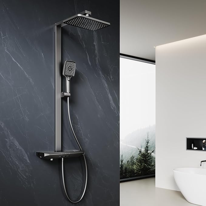 ELEGANT Thermostatic Shower Pack with Square Shower Head, Bath Filler Spout & Hand Shower-Grey