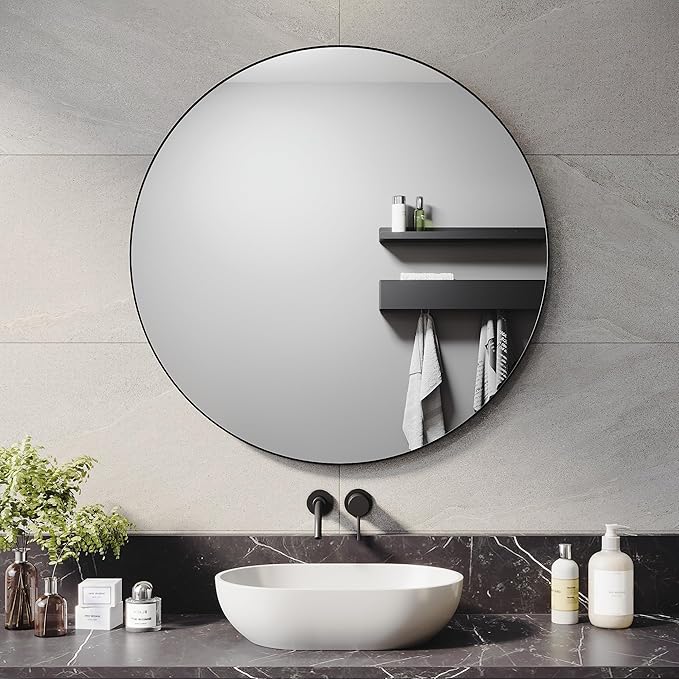 ELEGANT 800mm Round Bathroom Mirror Black Framed