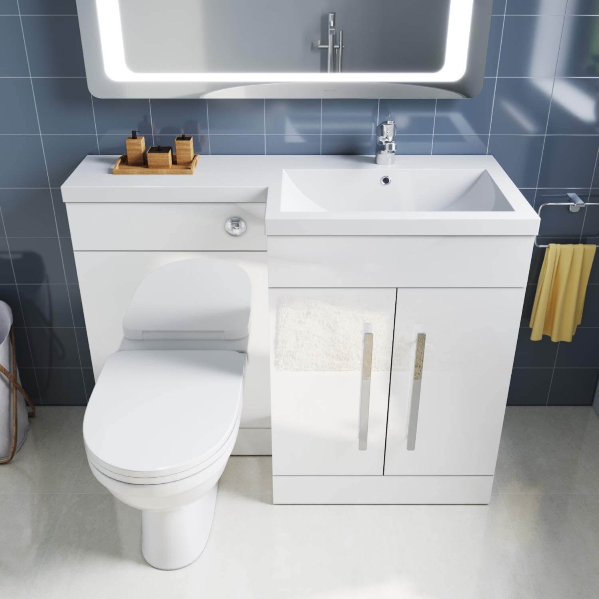 ELEGANT 1100mm Right Hand High Gloss White Vanity Unit & Back to Wall Toilet Unit with Ceramic Toilet & Basin-image-CAU04-W+BS04R+WT002+CT-T+TS001