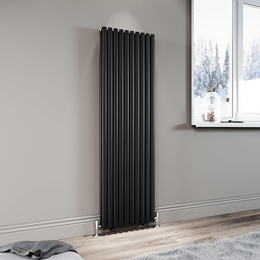 ELEGANT Black Vertical Radiator 1600x490mm Tall Upright Oval Column Double Panel Modern Central Heating