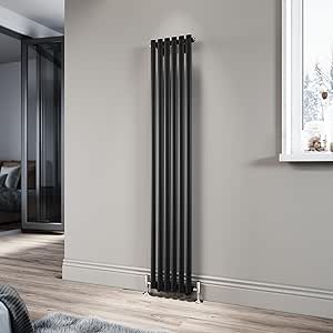 ELEGANT Black Vertical Radiator 1600x294mm Tall Upright Oval Column Single Panel Modern Central Heating