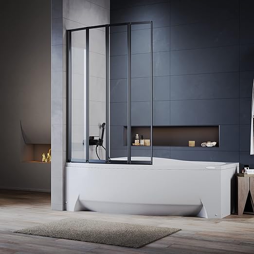 ELEGANT Black 4 Panel Folding 1000mm Over Bath Shower Screen Door Pivot Swing Panel-image-BTS05-100B