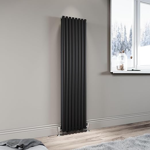 ELEGANT Black Vertical Radiator 1600x392mm Tall Upright Oval Column Double Panel Modern Central Heating