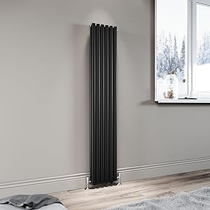 ELEGANT Black Vertical Radiator 1600x294mm Tall Upright Oval Column Double Panel Modern Central Heating