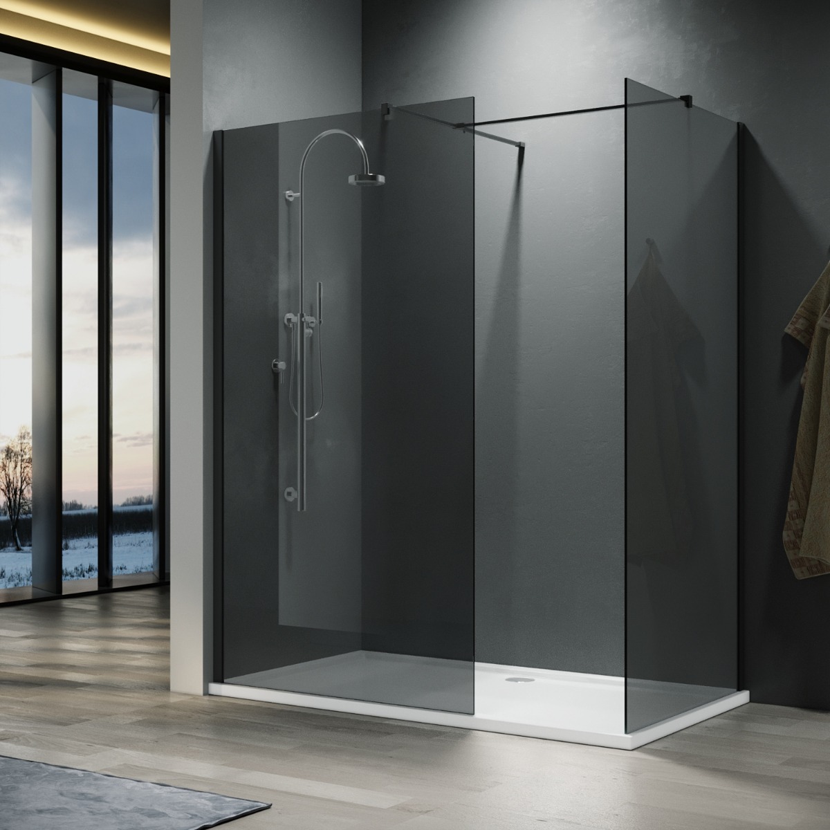 ELEGANT 1400x800mm Smoked Glass Walk-In Shower Enclosure 8mm Easy Clean (Inc. Shower Panels, Shower Tray+Waste)-image-WRG-G90+WRF-B+WRG-G80+WRF-B+SRT1480+W90