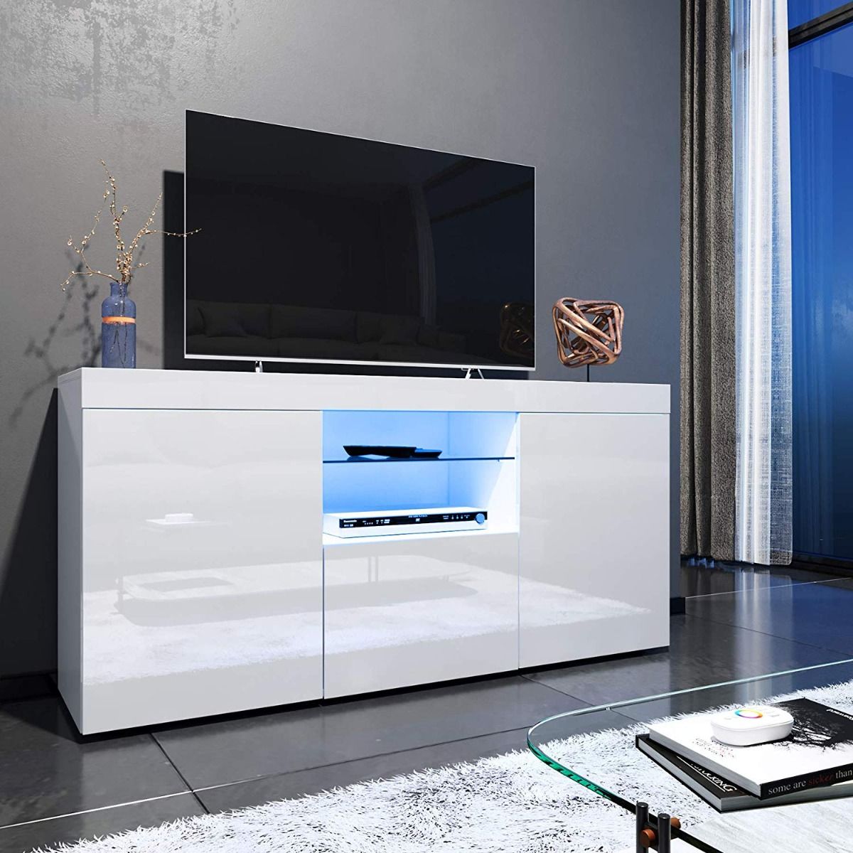 ELEGANT 1350mm Gloss White Modern Multi-Colour LED TV Unit Stand (Up to 52  Inches TV)