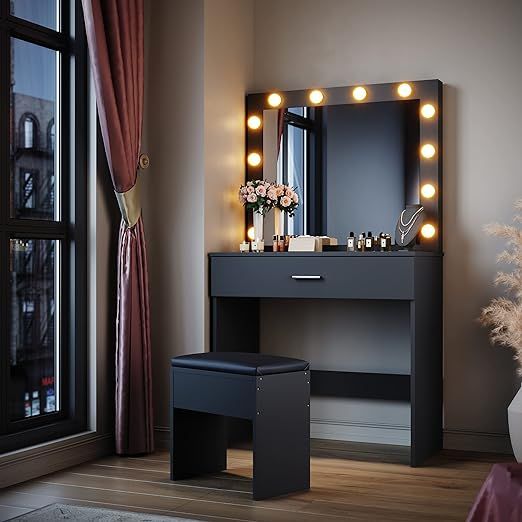ELEGANT Hollywood Vanity Mirror Dressing Table Set with Adjustable 3 Color  LED Lights and 1 Large Storage Drawer