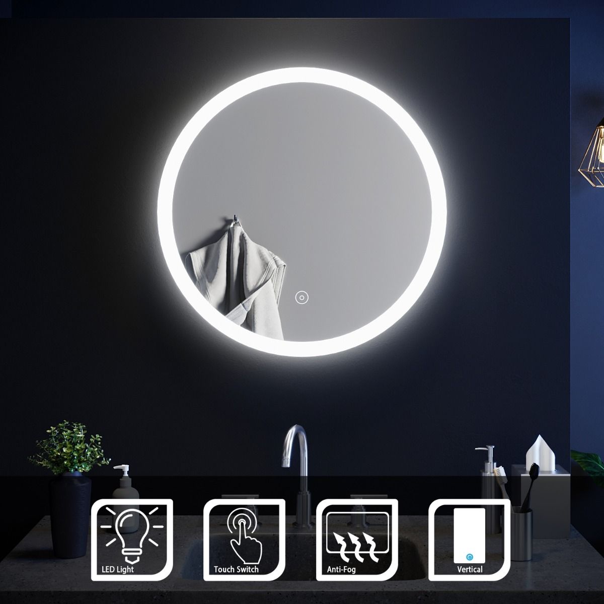 Elegant 600x600mm Anti-Fog Touch LED Bathroom Mirror With Demister
