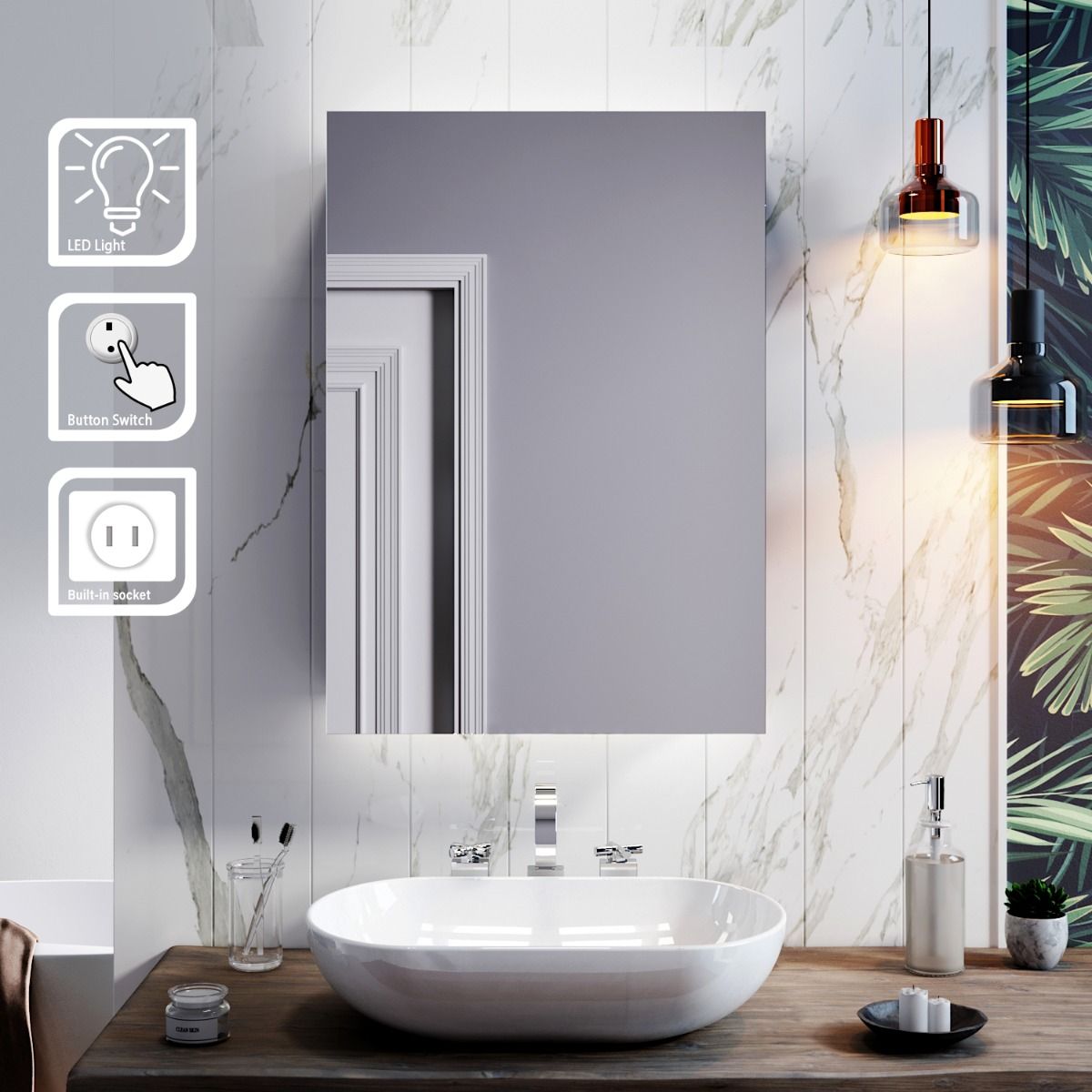 Bathroom LED Mirror Cabinet Storage Back-lit 500x700mm Button Switch with  Socket