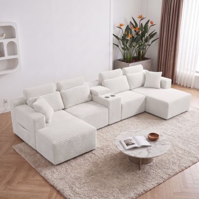 U‑Shaped Compressed Corduroy Cloud Sofa, 4‑6 Seater Deep Seat Sectional Couch with Built‑in Cup Holders
