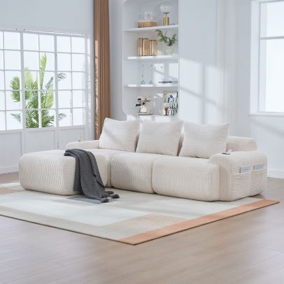 Beige 3-Seater Modular Corduroy Sofa with Ottomans, Cup Holders & Side Storage Pockets, Reconfigurable Sectional Couch