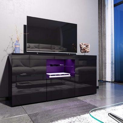 Elegant 1350mm Gloss Black Modern Multi-Colour LED TV Unit Stand (Up to 52 Inches TV)