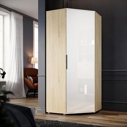 ELEGANT Corner Wardrobe with 2 Hanging Rails and 5 Storage Shelves Modern White Oak
