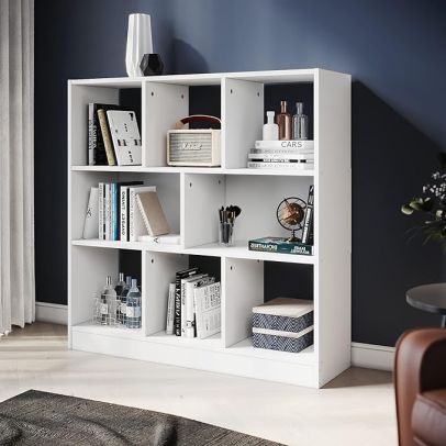 ELEGANT Wooden 3 Tier Low Bookcase with Open Cubes and Shelves White