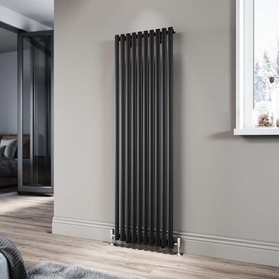 ELEGANT Black Vertical Radiator 1600x490mm Tall Upright Oval Column Single Panel Modern Central Heating
