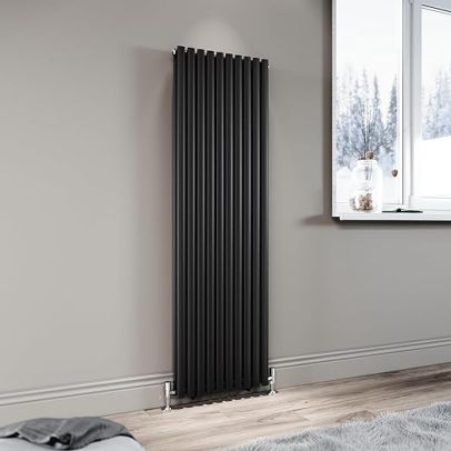 ELEGANT Black Vertical Radiator 1600x490mm Tall Upright Oval Column Double Panel Modern Central Heating