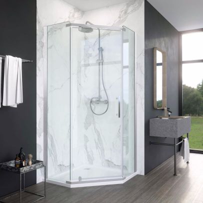 Elegant 900x900mm 8mm Glass Diamond Shape Neo-Angle Pivot Semi-Frameless Shower Enclosure + Tray & Waste