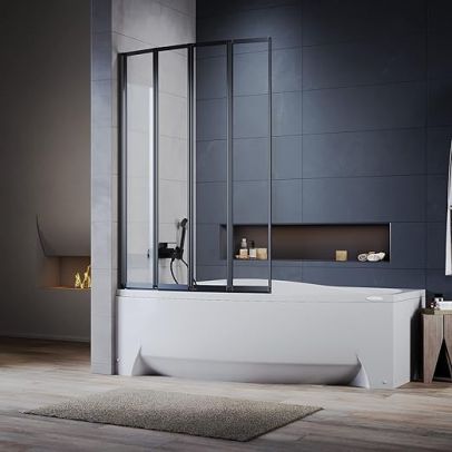 ELEGANT Black 4 Panel Folding Bath Shower Screen 800mm Over Bath Shower Screen Door Pivot Swing Panel