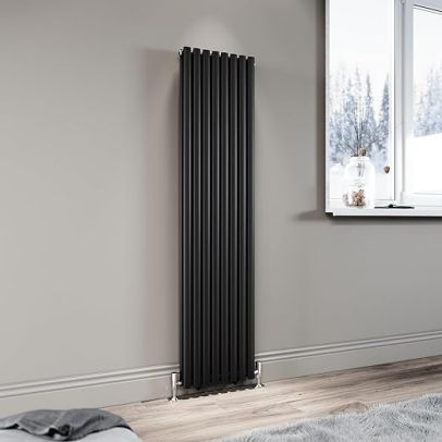 ELEGANT Black Vertical Radiator 1600x392mm Tall Upright Oval Column Double Panel Modern Central Heating