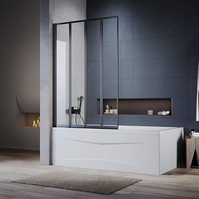ELEGANT Black 4 Panel Folding Bath Shower Screen,900mm Over Bath Shower Screen