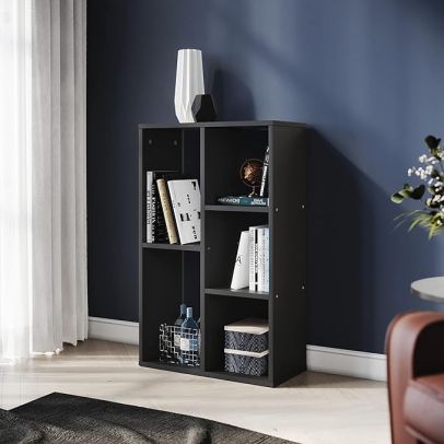 ELEGANT Wooden 2 Tier Low Bookcase Open Cubes and Shelves Black