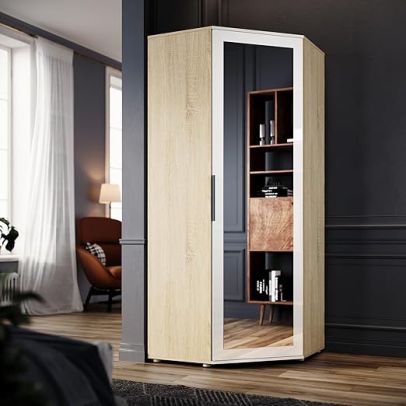 ELEGANT Modern Corner Large Mirrored Wardrobe with 2 Hanging Rails and 5 Storage Shelves White Oak High Gloss & Matt Bedroom Closet Storage