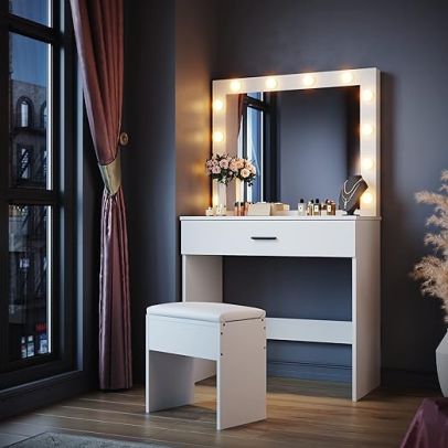 ELEGANT Hollywood Vanity Mirror Dressing Table Set with Adjustable 3 Color LED Lights