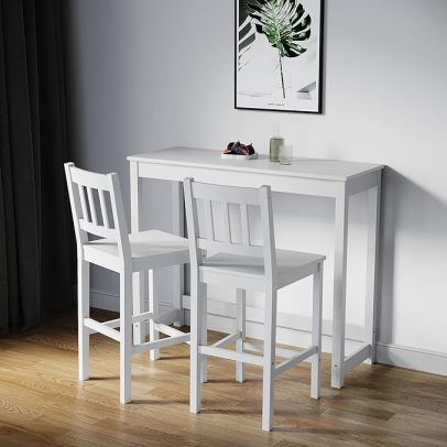 ELEGANT Solid Pine Wood 3 Piece Dining Table Set Furniture White White