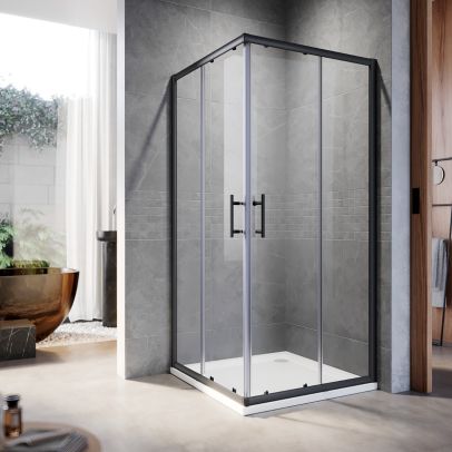 ELEGANT 900 x 900mm Black Framed Sliding Corner Entry Shower Enclosure 6mm Tempered Glass Shower Cubicle