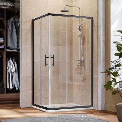 ELEGANT Black Corner Entry Shower Enclosure 6mm Tempered Glass Sliding Shower Cubicle Customize