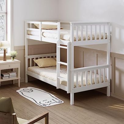 ELEGANT White Pine Wood Single 3ft Solid Wood Gemini Bunk Bed with Guard Rail vertical Children Kids Bed Frame