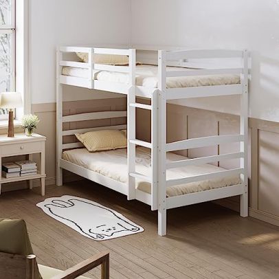 ELEGANT White Pine Single 3ft Solid Wood Gemini Bunk Bed with Guard Rail horizontal Children Kids Bed Frame