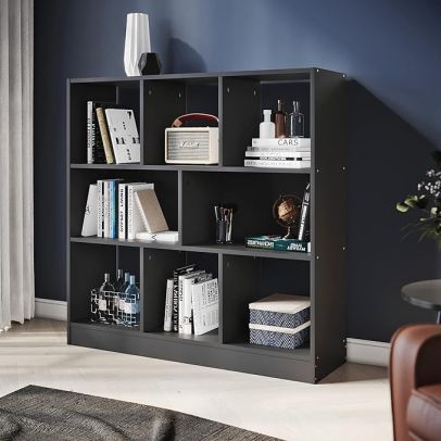 ELEGANT Wooden Bookcase with Open Cubes and Shelves Black BC04-B