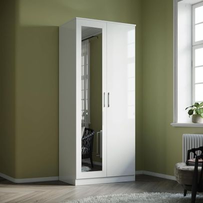 ELEGANT Bedroom Wardrobe High Gloss Soft Close 2 Doors Wardrobe with Mirror and Metal Handles